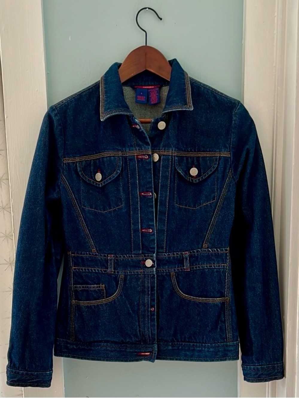 BCBGMaxAzria Blue Denim Jacket with Red Logo Trim